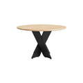 Ronde houten eettafel met zwart X-poot ontwerp
