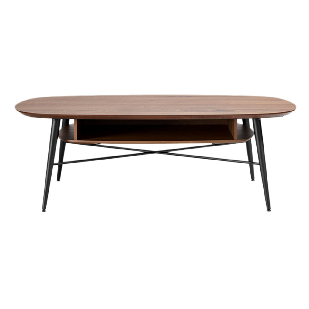 Titel: Modern Ovale Salontafel met Houten Blad en Metalen Onderstel